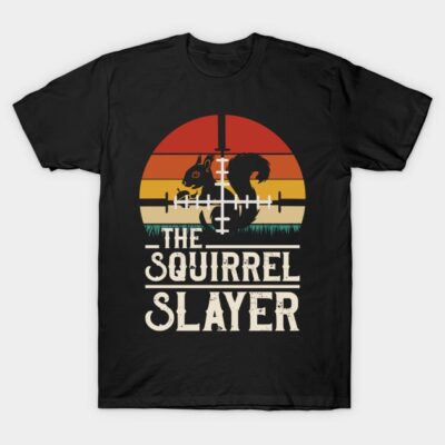 Black t-shirt with "The Squirrel Slayer" text and retro sunset design, made of cotton, casual wear.