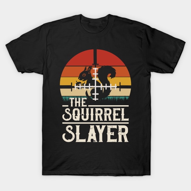 Black t-shirt with "The Squirrel Slayer" text and retro sunset design, made of cotton, casual wear.