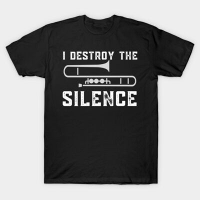 Black t-shirt with "I Destroy the Silence" text and trumpet graphic, perfect for music lovers, cotton material.
