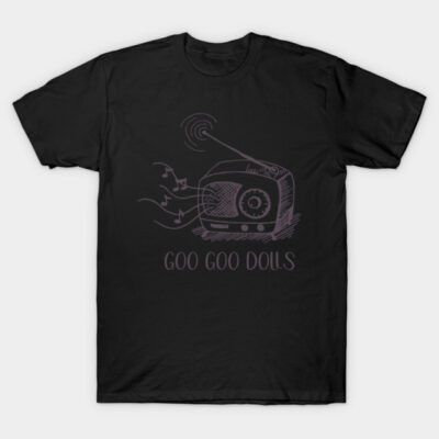 Black T-shirt with vintage radio and musical notes design, "Goo Goo Dolls" text, casual wear, soft cotton fabric.