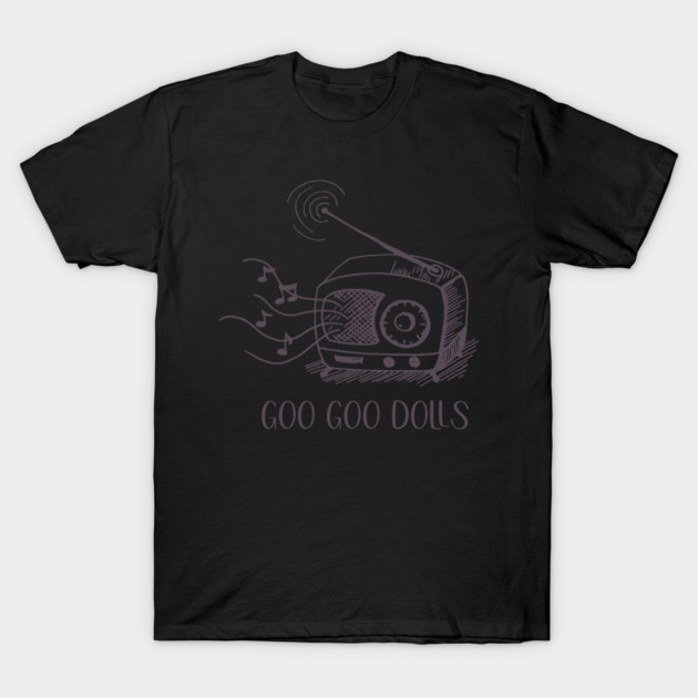 Black T-shirt with vintage radio and musical notes design, "Goo Goo Dolls" text, casual wear, soft cotton fabric.
