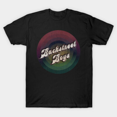 Black graphic t-shirt with vintage-style text and colorful circular design. Casual wear for music enthusiasts.