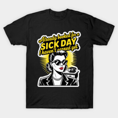 Black graphic T-shirt with retro style design and humorous text about a sick day. Perfect for casual wear. Cotton fabric.