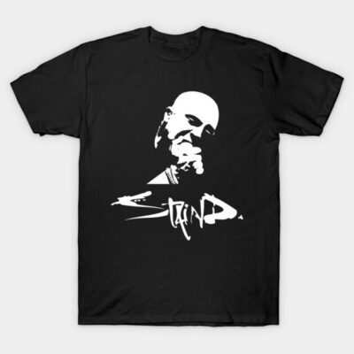 Black graphic T-shirt featuring bold white design, casual wear, soft cotton material, perfect for everyday style.