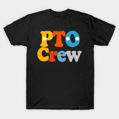 Black "PTO Crew" t-shirt, colorful letters, casual unisex style, perfect for group events or casual outings.