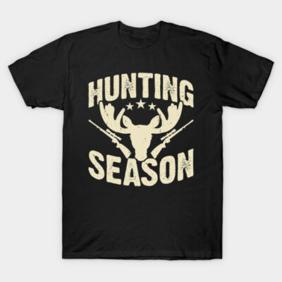 Black "Hunting Season" t-shirt with moose and rifle graphic, casual cotton apparel for outdoor enthusiasts.
