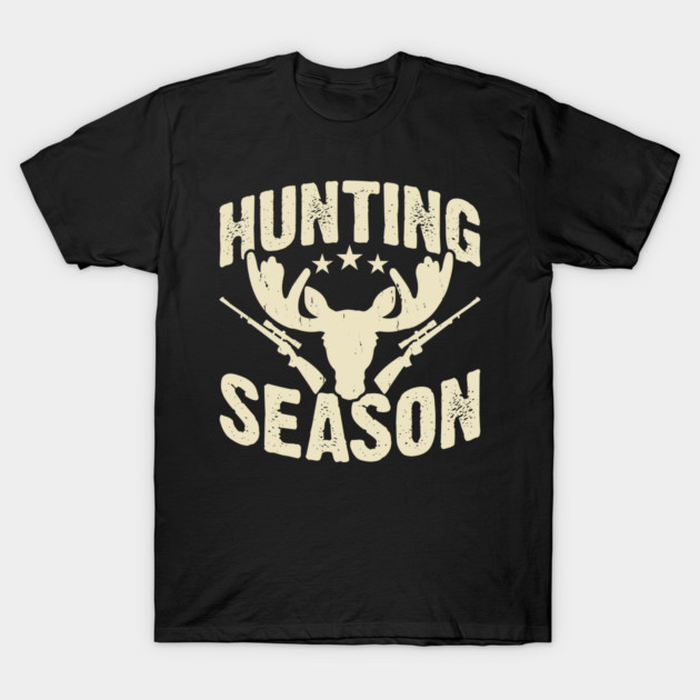 Black "Hunting Season" t-shirt with moose and rifle graphic, casual cotton apparel for outdoor enthusiasts.