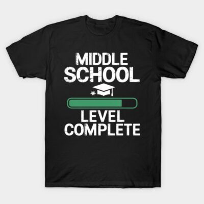 Black "Middle School Level Complete" novelty t-shirt with white text and graduation cap graphic, casual style.