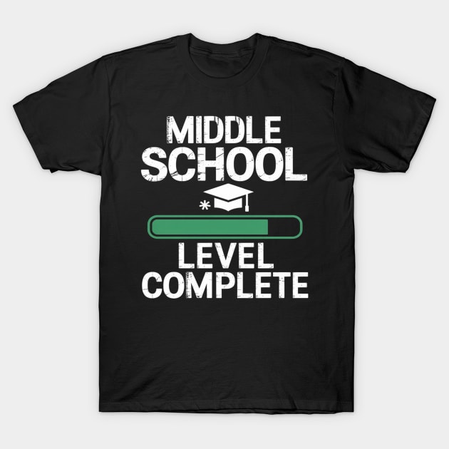 Black "Middle School Level Complete" novelty t-shirt with white text and graduation cap graphic, casual style.