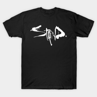 Black T-shirt with bold white graphic design, casual style, made from 100% cotton, perfect for everyday wear.