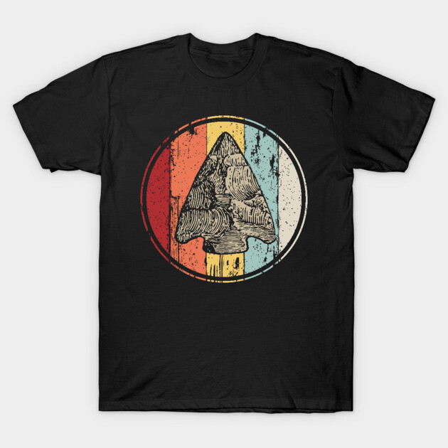 Black T-shirt with vintage arrowhead graphic, multicolor striped background. Casual style, cotton material.