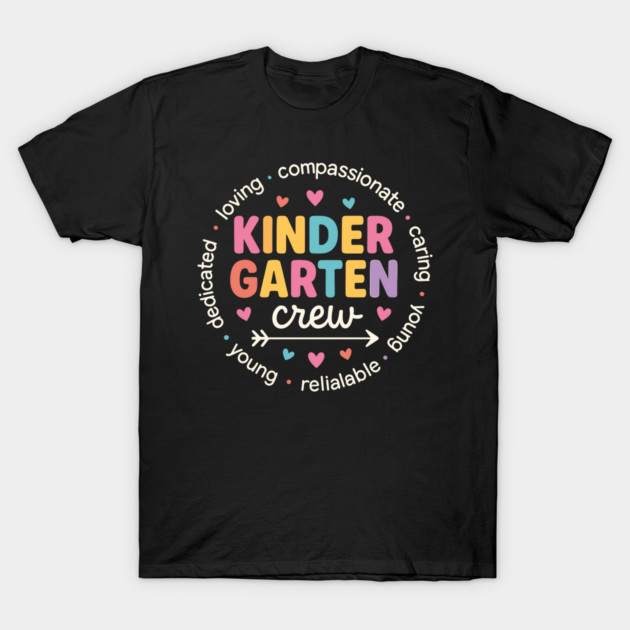 "Black kindergarten crew t-shirt with colorful text and playful design, perfect for teachers or school staff."