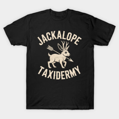Black t-shirt with vintage-style "Jackalope Taxidermy" graphic, featuring mythical creature design. Casual, comfortable wear.