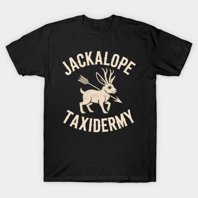 Black t-shirt with vintage-style "Jackalope Taxidermy" graphic, featuring mythical creature design. Casual, comfortable wear.