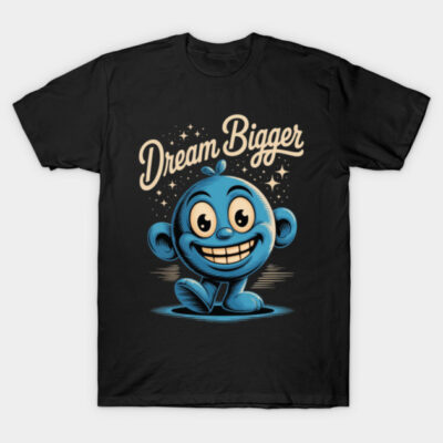 Black t-shirt with "Dream Bigger" slogan and a blue cartoon character, casual wear, cotton material.