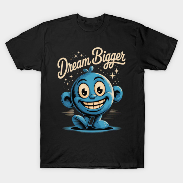 Black t-shirt with "Dream Bigger" slogan and a blue cartoon character, casual wear, cotton material.