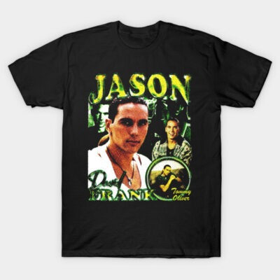 Black graphic t-shirt with colorful retro design, featuring bold green and yellow text, casual cotton material.