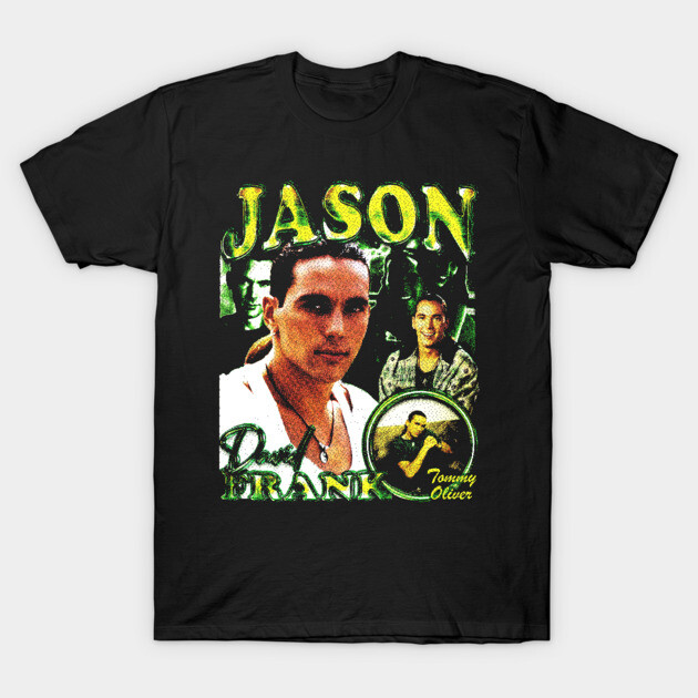 Black graphic t-shirt with colorful retro design, featuring bold green and yellow text, casual cotton material.