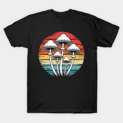 Black t-shirt with vintage mushroom graphic and retro sunset colors, perfect for casual wear and nature enthusiasts.