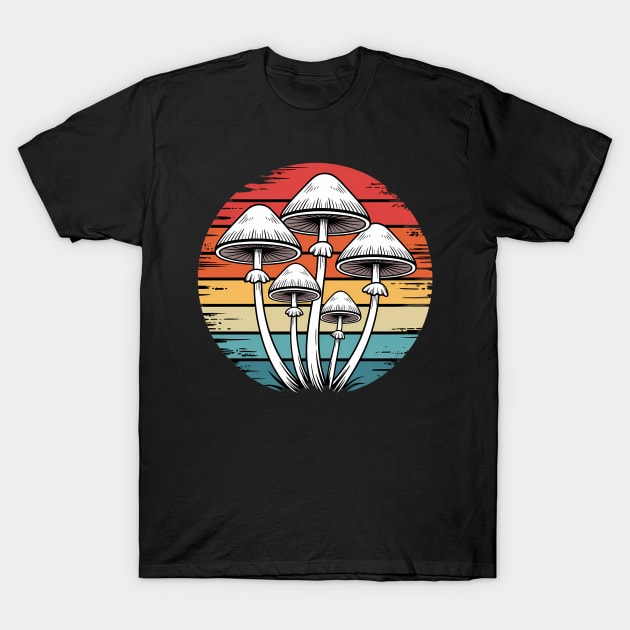 Black t-shirt with vintage mushroom graphic and retro sunset colors, perfect for casual wear and nature enthusiasts.