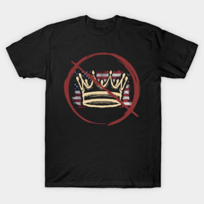 Black t-shirt with a graphic of a crossed-out gold crown over an American flag background, casual streetwear.