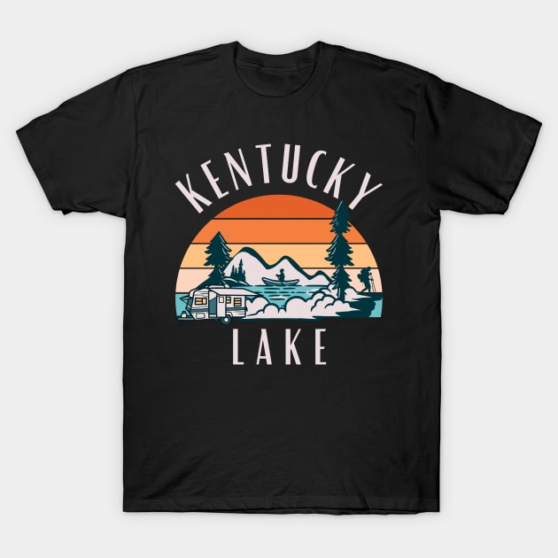 Black Kentucky Lake T-shirt featuring a retro sunset design with trees and camper graphic, perfect for outdoor enthusiasts.
