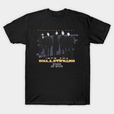 Black graphic T-shirt featuring retro band design, perfect for casual wear, made of soft cotton for comfort.