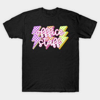 Black "Office Staff" t-shirt with colorful lightning design, casual style, 100% cotton. Perfect for work or casual wear.