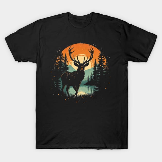 Black t-shirt with a deer and forest design, featuring an orange sunset background, perfect for casual wear.