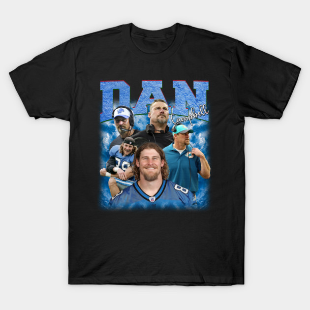 Black graphic t-shirt featuring sports-themed collage design with blue and white accents, ideal for casual wear.