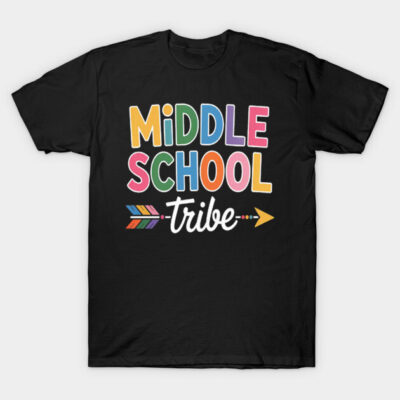 Black t-shirt with colorful "Middle School Tribe" graphic, casual style, perfect for school events or daily wear.