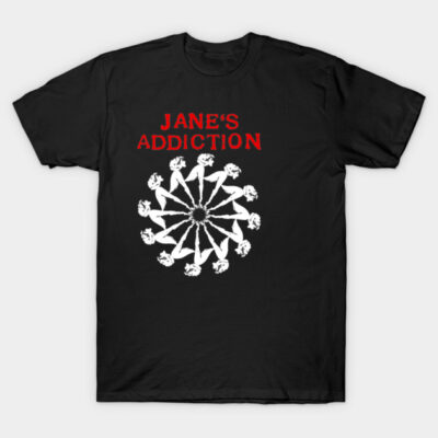 Black t-shirt with red "Jane's Addiction" text and white geometric design, casual wear, cotton material.