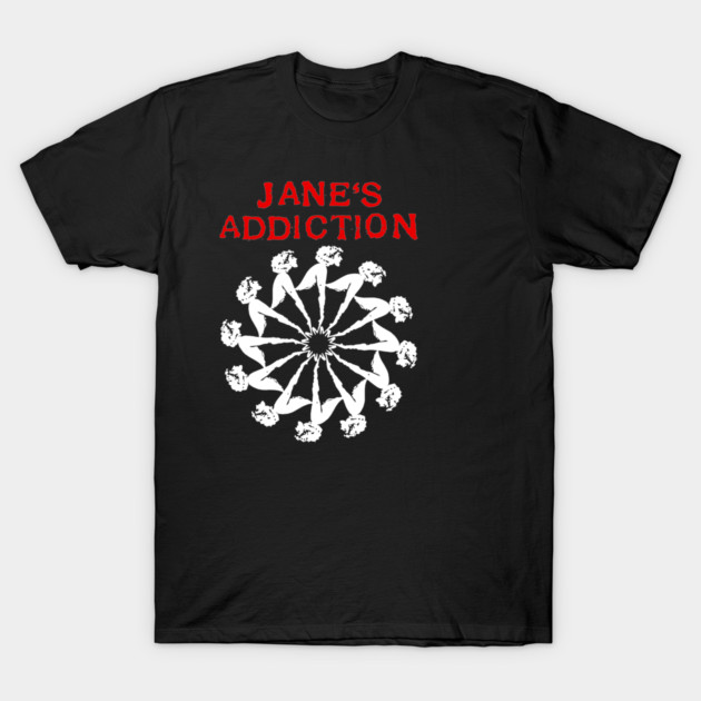 Black t-shirt with red "Jane's Addiction" text and white geometric design, casual wear, cotton material.