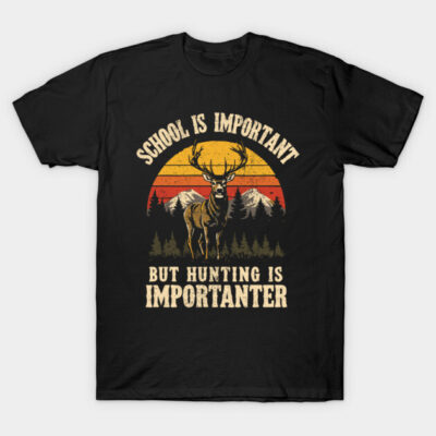 Black graphic t-shirt with hunting-themed print, featuring a deer and sunset design, ideal for casual outdoor wear.