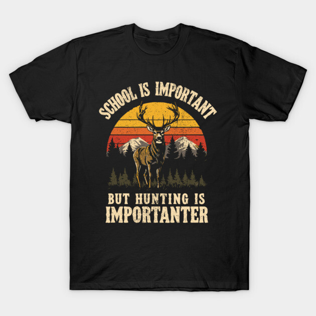 Black graphic t-shirt with hunting-themed print, featuring a deer and sunset design, ideal for casual outdoor wear.