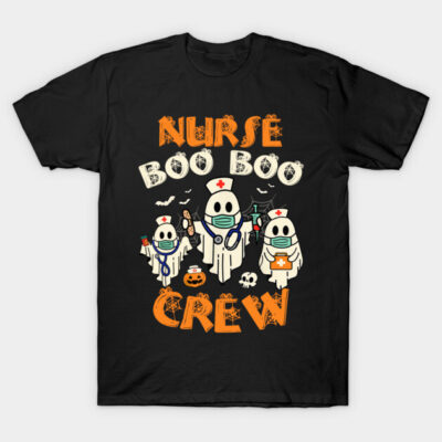 Black Halloween-themed t-shirt with cute ghost nurse design, ideal for spooky festive wear.