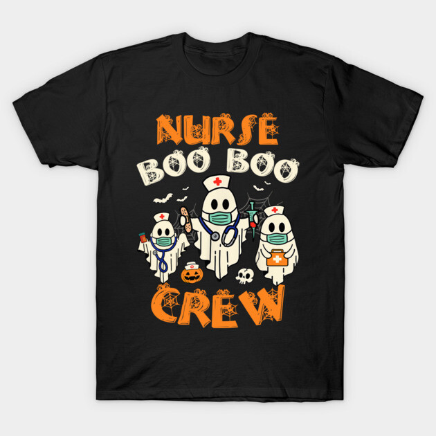 Black Halloween-themed t-shirt with cute ghost nurse design, ideal for spooky festive wear.