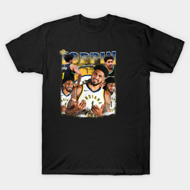 Black graphic tee featuring Indiana basketball theme, vibrant colors, casual style, perfect for sports fans.