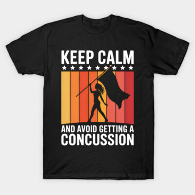 Black T-shirt with bold "Keep Calm and Avoid Getting a Concussion" graphic, featuring silhouette and vibrant background.
