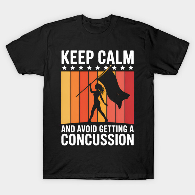 Black T-shirt with bold "Keep Calm and Avoid Getting a Concussion" graphic, featuring silhouette and vibrant background.