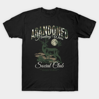 Black t-shirt with "Abandoned Hunting Wives" design, featuring deer graphic, ideal for casual wear, cotton material.