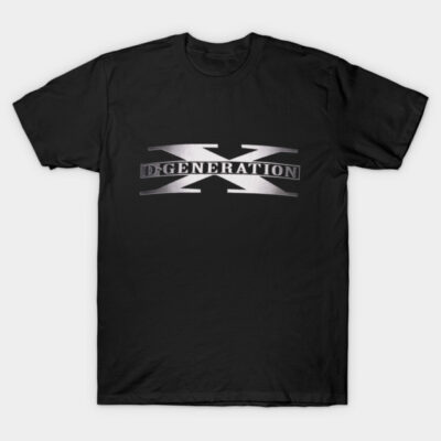 Black cotton t-shirt with "D-Generation X" logo, casual style, unisex, graphic tee for everyday wear.