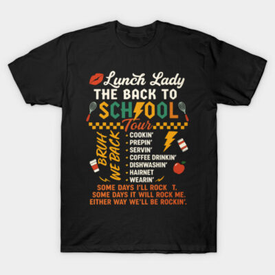 Black "Lunch Lady Back to School Tour" T-shirt, colorful graphic text, casual, cotton, perfect for school events.