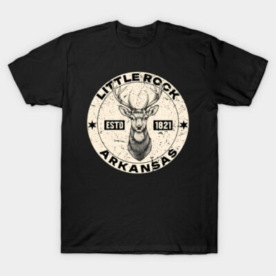 Black t-shirt with vintage deer design, Little Rock Arkansas text. Casual style, cotton material, perfect for everyday wear.