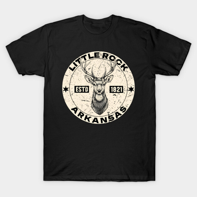 Black t-shirt with vintage deer design, Little Rock Arkansas text. Casual style, cotton material, perfect for everyday wear.