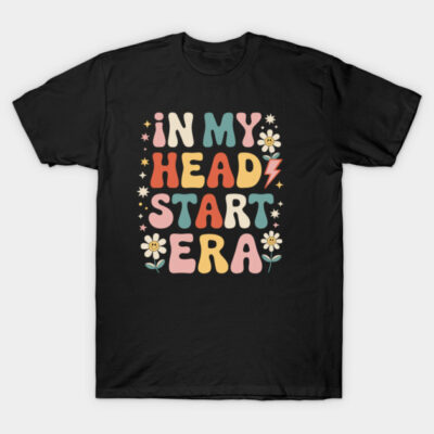 Black graphic T-shirt with "In My Head Start Era" text, colorful retro design, casual wear, 100% cotton.