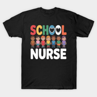 Black school nurse t-shirt with colorful lettering and cartoon design, ideal for healthcare professionals, cotton material.