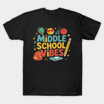 Black "Middle School Vibes" t-shirt with colorful graphic design featuring school-themed icons, casual style cotton tee.