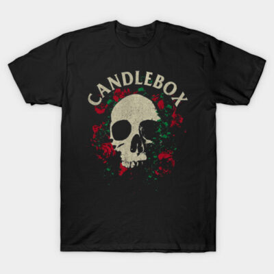 Black graphic t-shirt featuring skull and floral design with "Candlebox" text, perfect for casual wear.