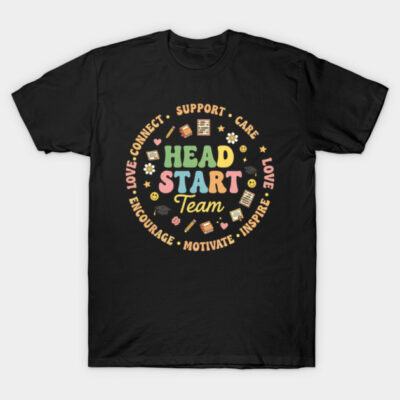 Black t-shirt with colorful "Head Start Team" design, featuring motivational words and symbols, casual style.